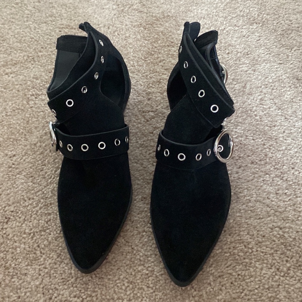 Rebecca Minkoff suede Booties with Buckle silver studs grommets Cutout Detail - Picture 2 of 3
